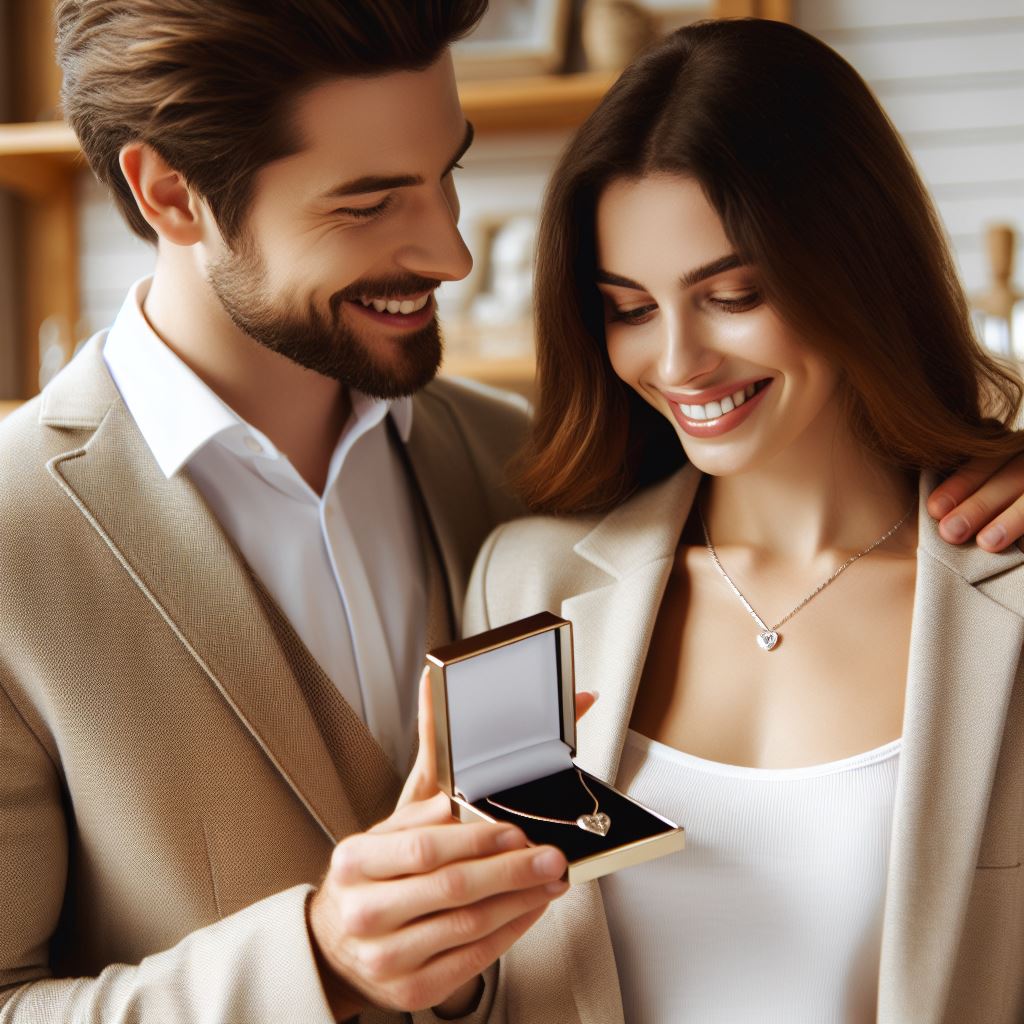 About Us - a young man giving a young woman a necklace and smiling