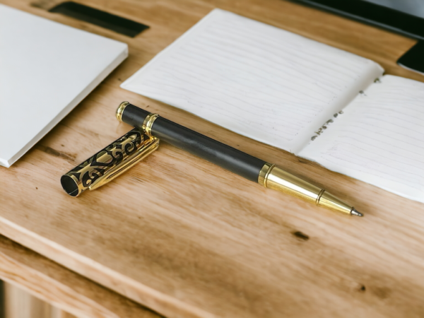 Love heart pen on a desk with open notebook