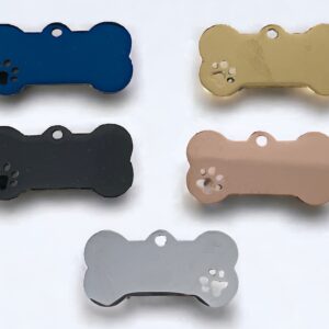 5 bone shaped dog name tags in different colours eith paw print cut out