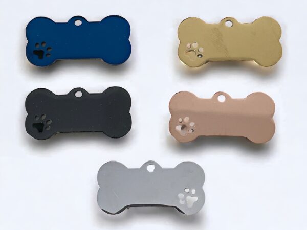 5 bone shaped dog name tags in different colours eith paw print cut out