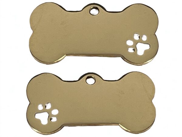 Front and back view of gold dog tag in the shape of a bone