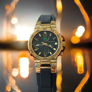 Gold watch with black strap with golden light background
