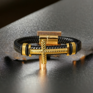 Black leather bracelet with gold cross