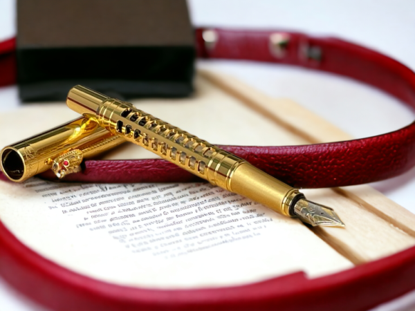 Luxury gold dragon head fountain pen on a background of an open book and a red belt