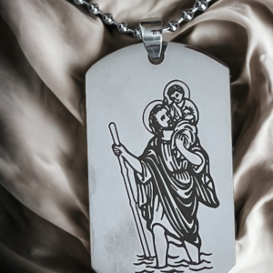 Silver coloured dog tag pendant with an image of St Christopher