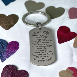 Metal keyring with the words "To my love"