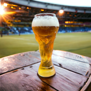 A glass of beer shaped like the football world cup