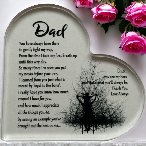 A plaque with a poem for dad on a white background with pink roses