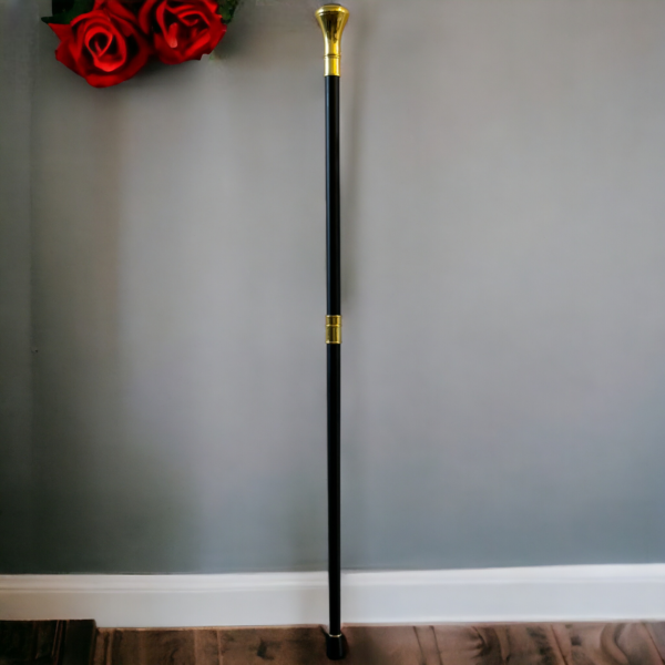 A black walking stick with a golden handle leaning against a light grey wall with a light wooden floor and red roses handing in the top left hand corner