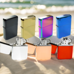 A selection of different coloured zippo lighters