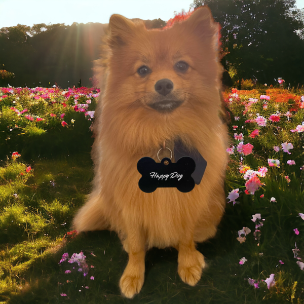 a pomeranian dog wearing a black bone shaped dog tag